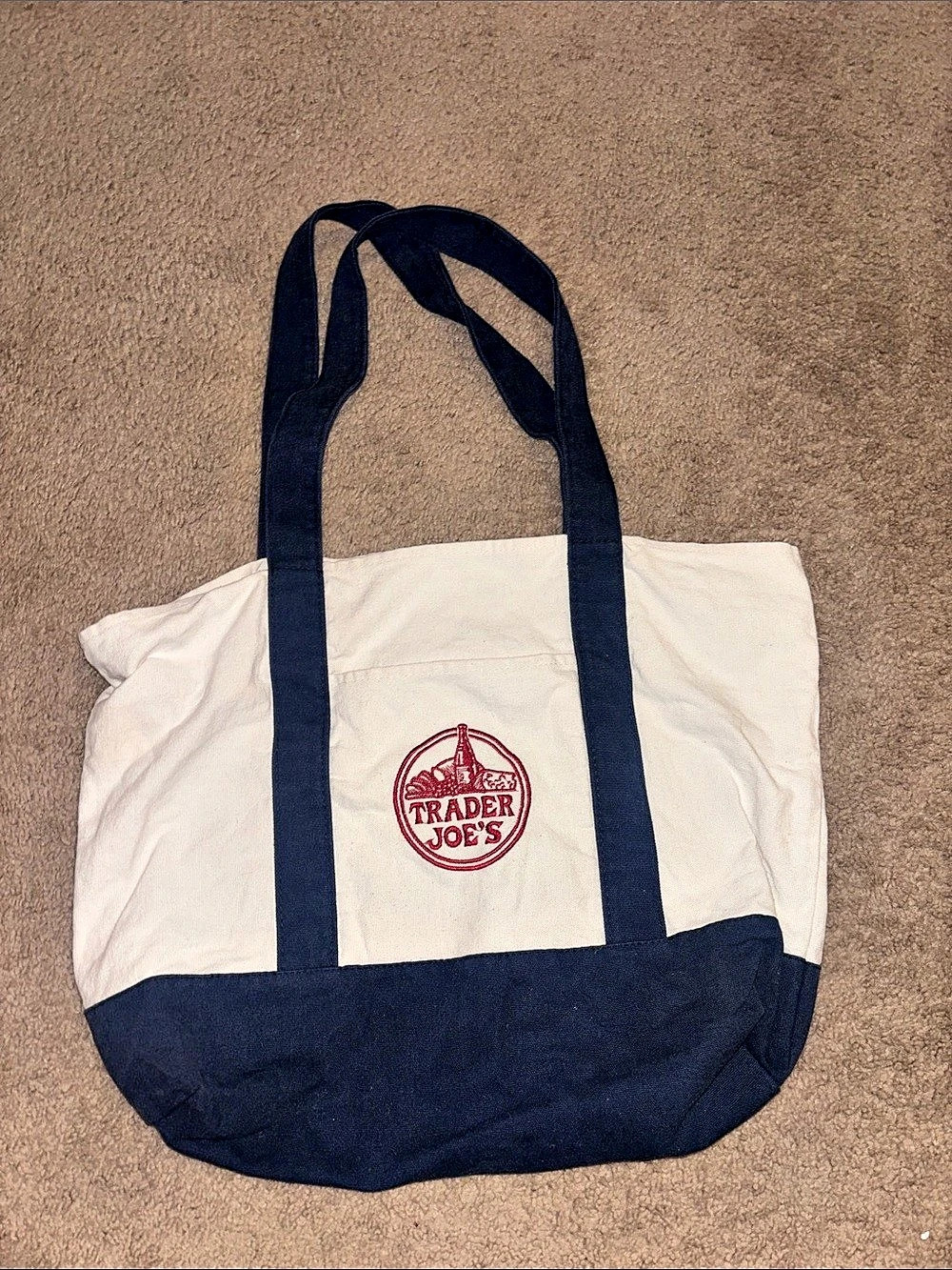 Trader Joe's Large Reusable Canvas Tote Bag White & Blue